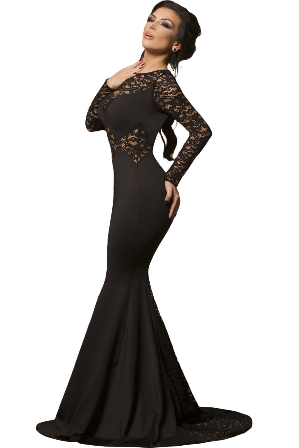 Elegant Long Sleeve Black Crepe Prom Dresses Mermaid Tulle V-neck Zipper  Back Robe De Soiree Sweep T on Luulla